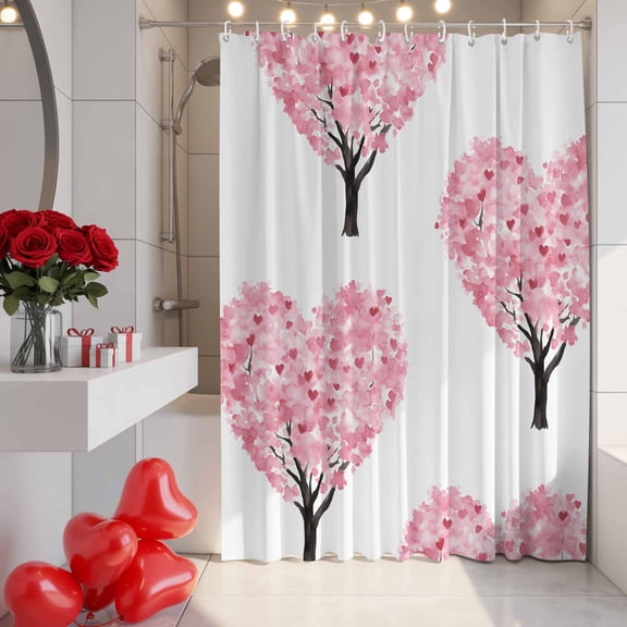 Love Tree Shower Curtain, 36" x 72", Valentine Romantic Watercolor Pink Waterproof Bathroom Curtain Washable Shower Curtain Set with 12 Hooks