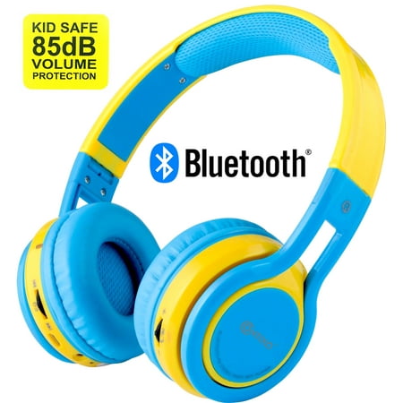 Contixo Kid Safe 85db On Ear Foldable Wireless Bluetooth Headphone w/ Volume Limiter, Built-in Micro Phone, Micro SD card Music Player, FM Stereo Radio, Audio Input & Output (Blue +