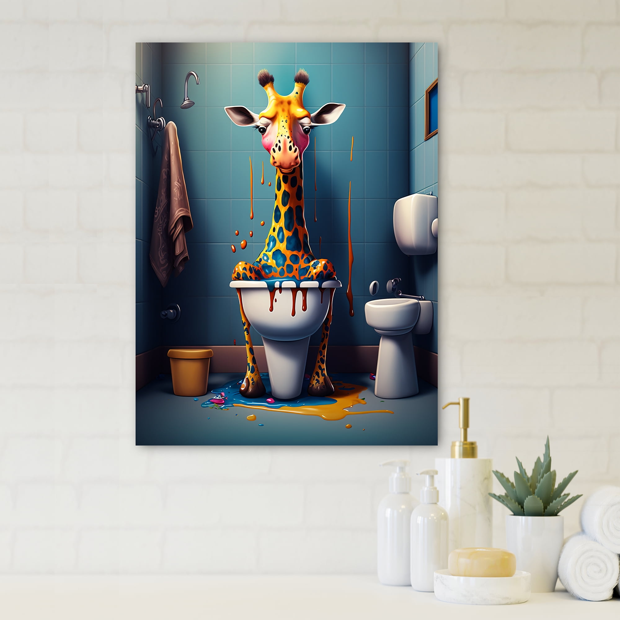 Designart Golden Giraffe Pushing A Mess II Canvas Wall Art