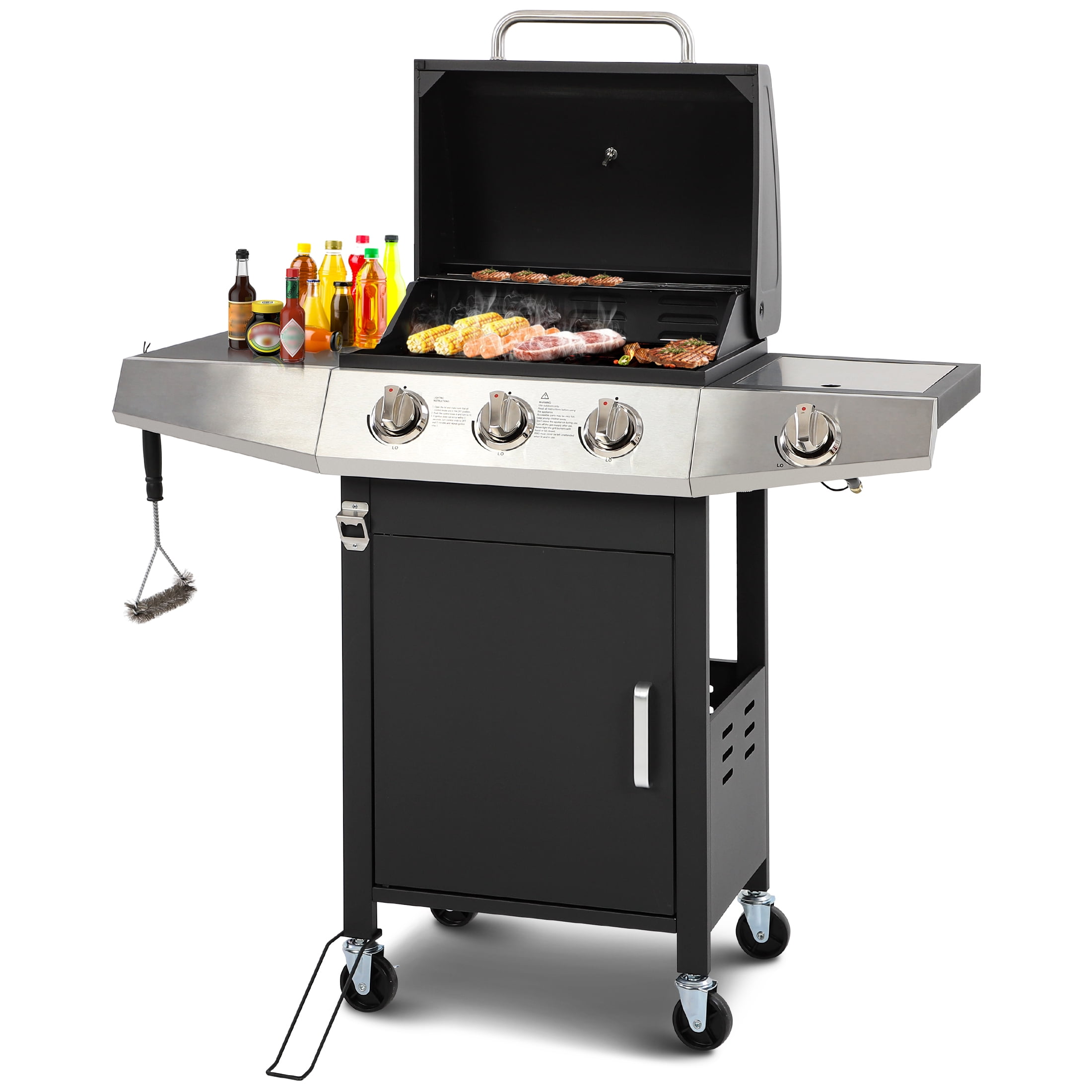 40000 BTU Gas Grill with Side Burner, Seizeen 3-Burner Stainless Steel Barbecue Grill for Outdoor BBQ, Camping and Outdoor Cooking Kitchen