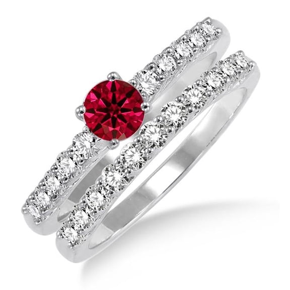 2 Carat Red Ruby Moissanite Diamond Round Cut Elegant Bridal Set on 10k White Gold