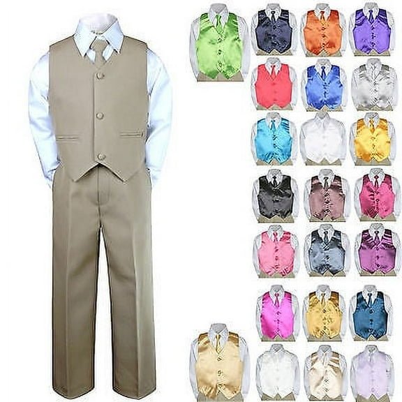 6pc Formal Baby Boy Toddler Khaki Vest Necktie Suit w/ Extra Color Vest Set S-7