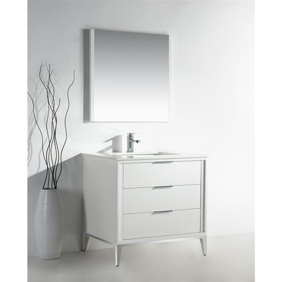 Kubebath Divani 36'' Gloss WhiteVanity W/ Quartz Counter Top (Back Splash Free)