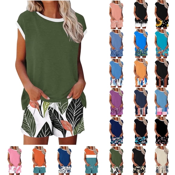 Women's 2 Piece Lounge Sets Crew Neck Short Sleeve T Shirts Drawstring Print Shorts Summer Comfy Outfits (XL, Army Green)