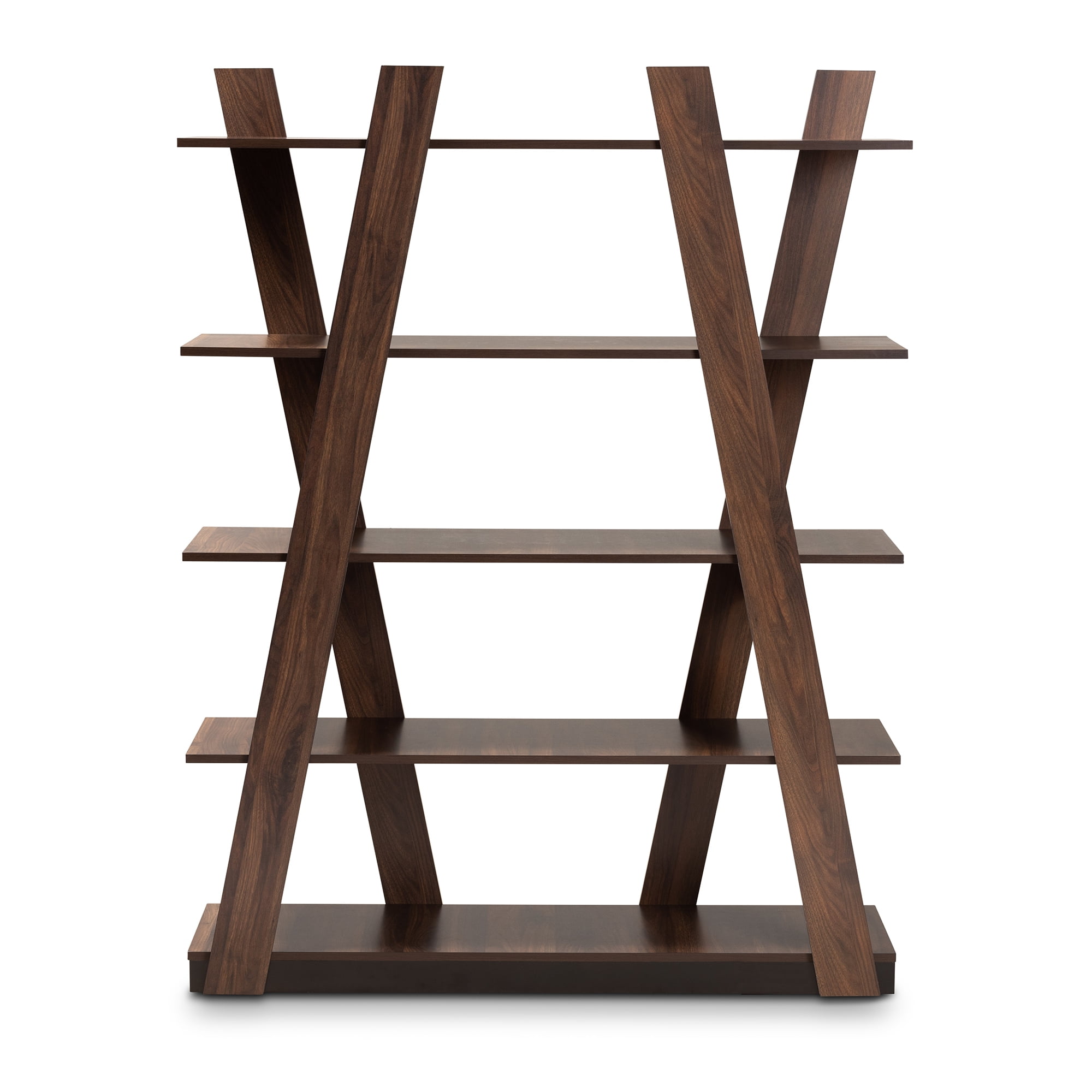 Baxton Studio Michio Modern and Contemporary Walnut Brown Finished 5-Tier Wood Geometric Living Room Display Shelf