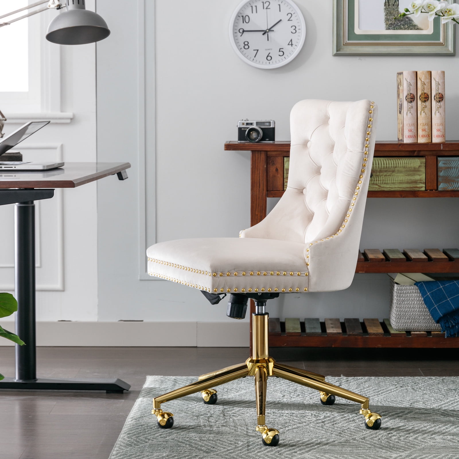 MAYEERTY Velvet Upholstered Office Chair - Tufted Buttons, Golden Metal Base, Adjustable Swivel, Beige