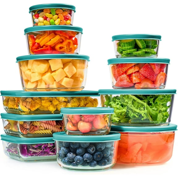 24Pcs Glass Food Storage Containers with Lids(12 Containers & 12 Lids), Stackable Airtight Meal Prep Lunch Boxes Bowls, Microwave Freezer Dishwasher Safe, Green
