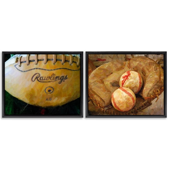 Stupell Industries Sports Balls & Mitt Sports Painting Black Floater Framed Canvas Art Print Wall Art, 21 x 17, Set of 2