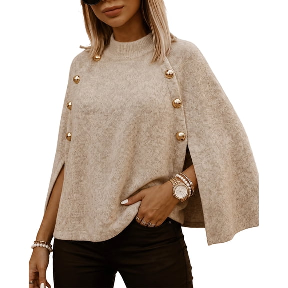 CHICME Fall Sweaters for Women Knit Gold Button Mock Neck Batwing Sleeve Cape Style Tops Loose Fit Side Slit Pullover khaki-L