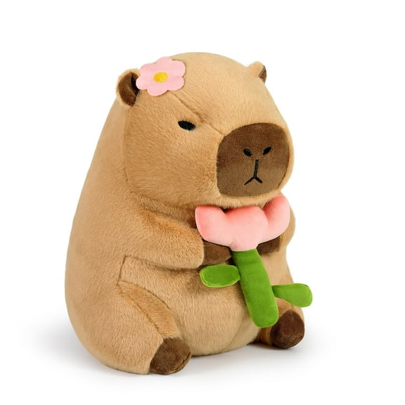 Cute Capybara Plush Pillow Holding Flower Capibara Stuffed Animal Plushies Toys for Gifts for Kids Girlfriend Brown 13.7 inch