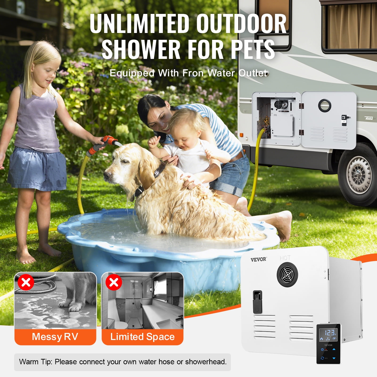 VEVOR RV Tankless Water Heater, Instant Shower with 15 x 15 inches White Door and Remote Controller, 65000BTU Optimized Comfort Performance Hot Water, Ideal for RVers Family Everyday Use