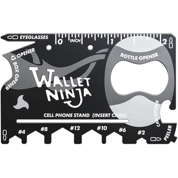 Tarjeta multiherramienta Wallet Ninja – Multiherramienta para tarjetas de crédito 18 en 1 (abrebotellas, abrelatas, destornilladores, soporte para teléfono y más) – Negro