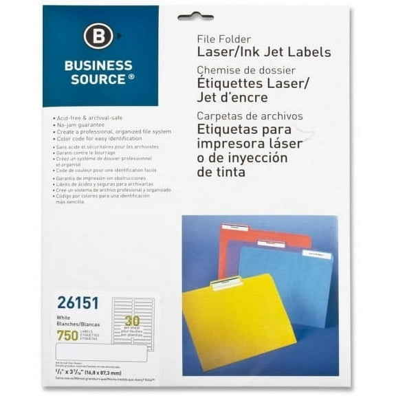 Business Source Laser/Inkjet Permanent File Folder Labels Permanent Adhesive - 0.67" x 3.43" Length - Rectangle - Laser, Inkjet - White - 30 / Sheet - 750 / Pack