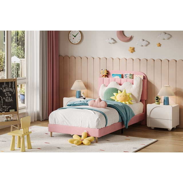 AKDSteel Velvet Platform Bed With Bookcase Storage Headboard, Upholstered Frame For Kids And Girls, Quiet Wood Slats And Metal Legs