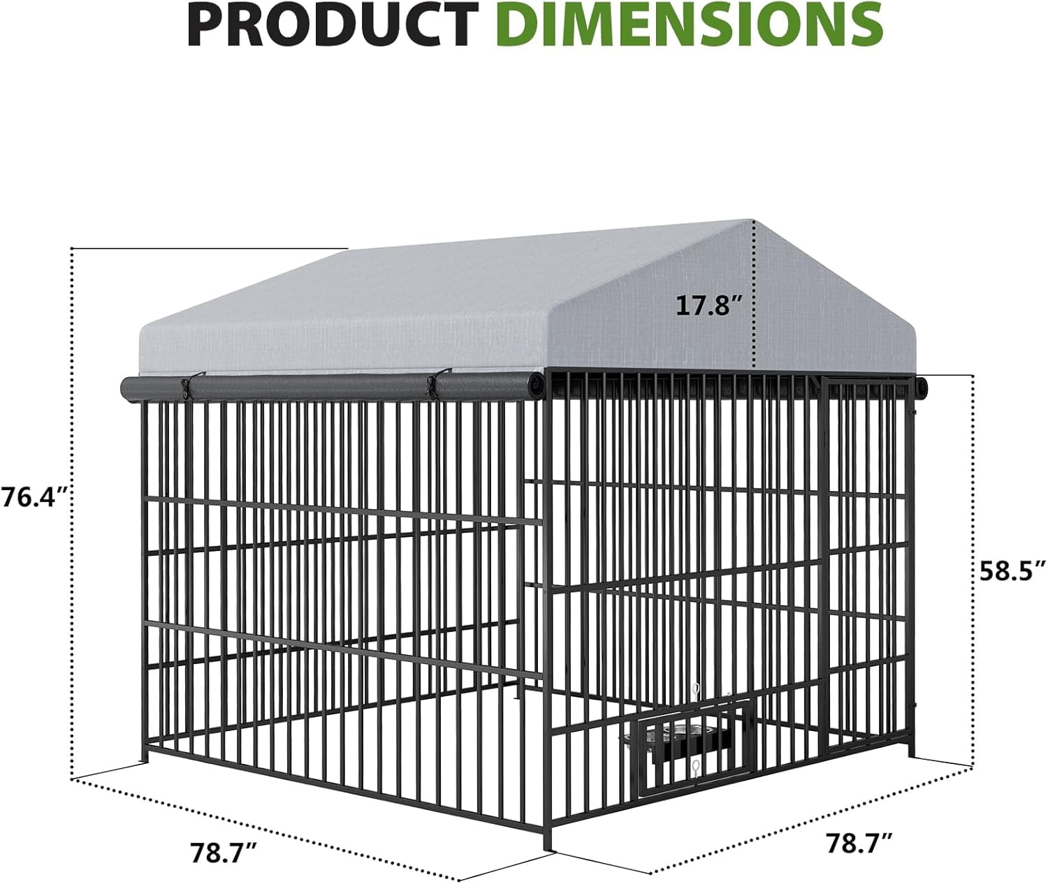 QuzyAor 6.6‘x6.6’x6.4‘ Galvanized Steel Outdoor Dog Kennel, Heavy Duty Metal Dog Run with Waterproof UV-Proof Roof & Rotating Bowls, Black