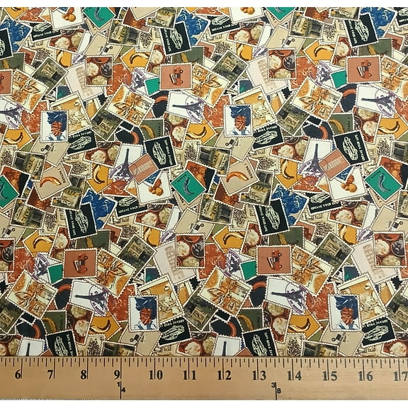 Cotton Stamps Dear Friends Letters Mail Mailings Writings Notes Postage Brown Cotton Fabric Print by the Yard (120-15081)