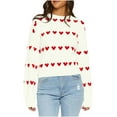 thumbnail image 2 of Zedker Women'S Striped Heart-Shaped Printed Casual Crewneck Long Sleeve Comfy Loose Pullover Pointelle Knitted Sweaters for Fall,White,M, 2 of 9
