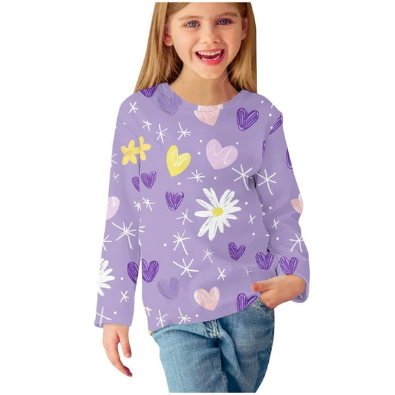 Huvoen Girls Comfort Basic Long Sleeve T-Shirt Long Sleeve Round-Neck Blouses & Shirts Girls Long Sleeve Prints Shirts Cute Crewnecks Tops Dressy Casual Blouses Clothes Multicolor 110