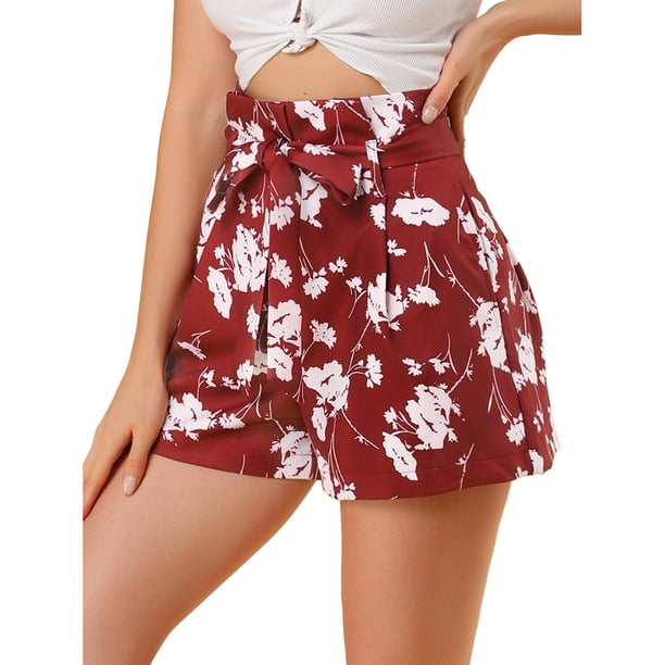Pantalones cortos Allegra K de bolsa de papel cintura alta con pajarita Rojo-Floral M