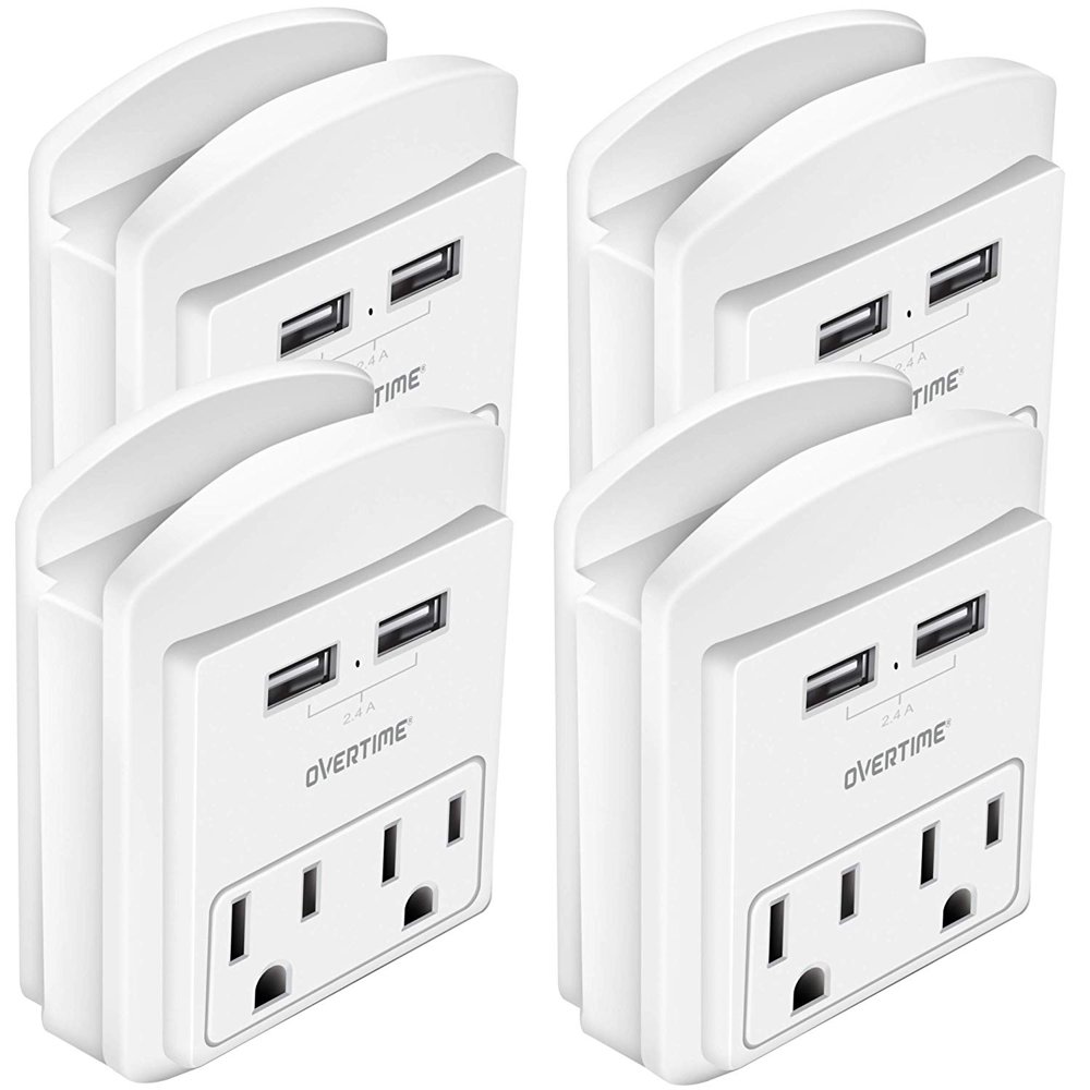 Overtime USB Outlet Wall Adapter 4 Port Outlet Shelf with Dual USB