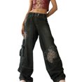 thumbnail image 1 of Gris S Street Trend nuevo 2021 viejo lavado oscuro estampado Retro bolsillo de cintura alta pantalones de pierna ancha sueltos mujeres, 1 of 7