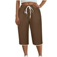 thumbnail image 2 of Women Plus Size Pants Casual Elastic High Waist Drawstring Pockets Fashion Wide Leg Capri Length Baggy Comfy Travel Pants Solid Color Flowy Summer Three-quarter Sweatpants, 2 of 7