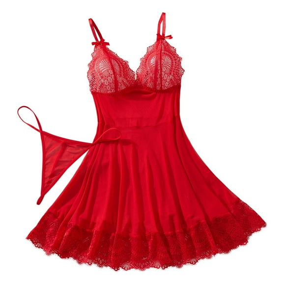 TSADFHJI Lingerie Mysterious Set Crotchless Women's Solid Red Lace and Overlay Strapless Sleep Dress with Matching Panties Set Xl Red