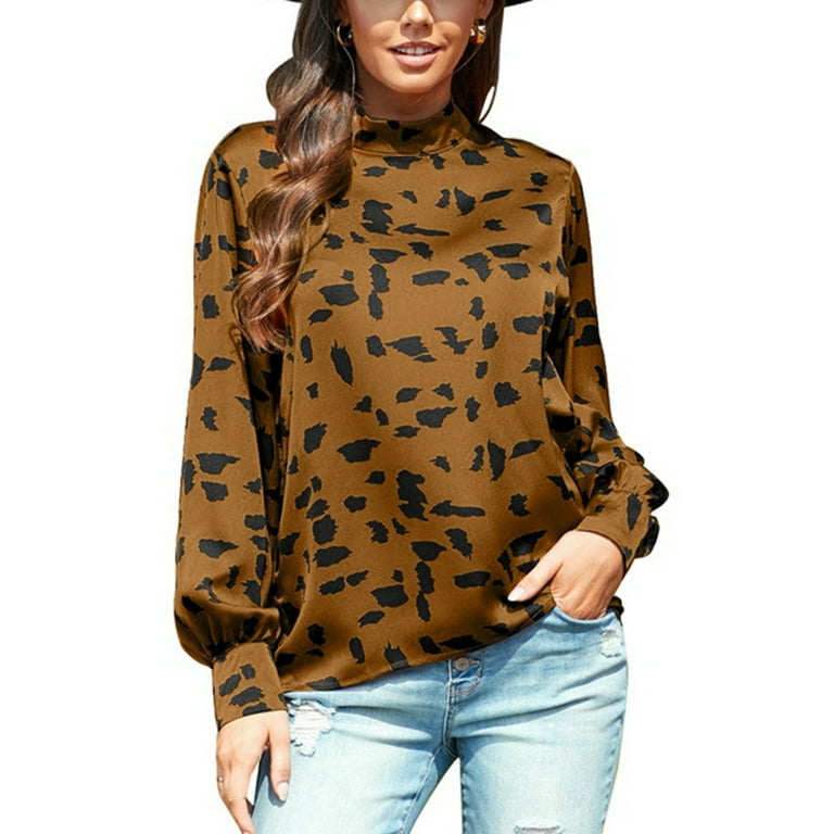 CUE AIR Women s Leopard Print Chiffon Blouse Long Sleeve Mock Neck