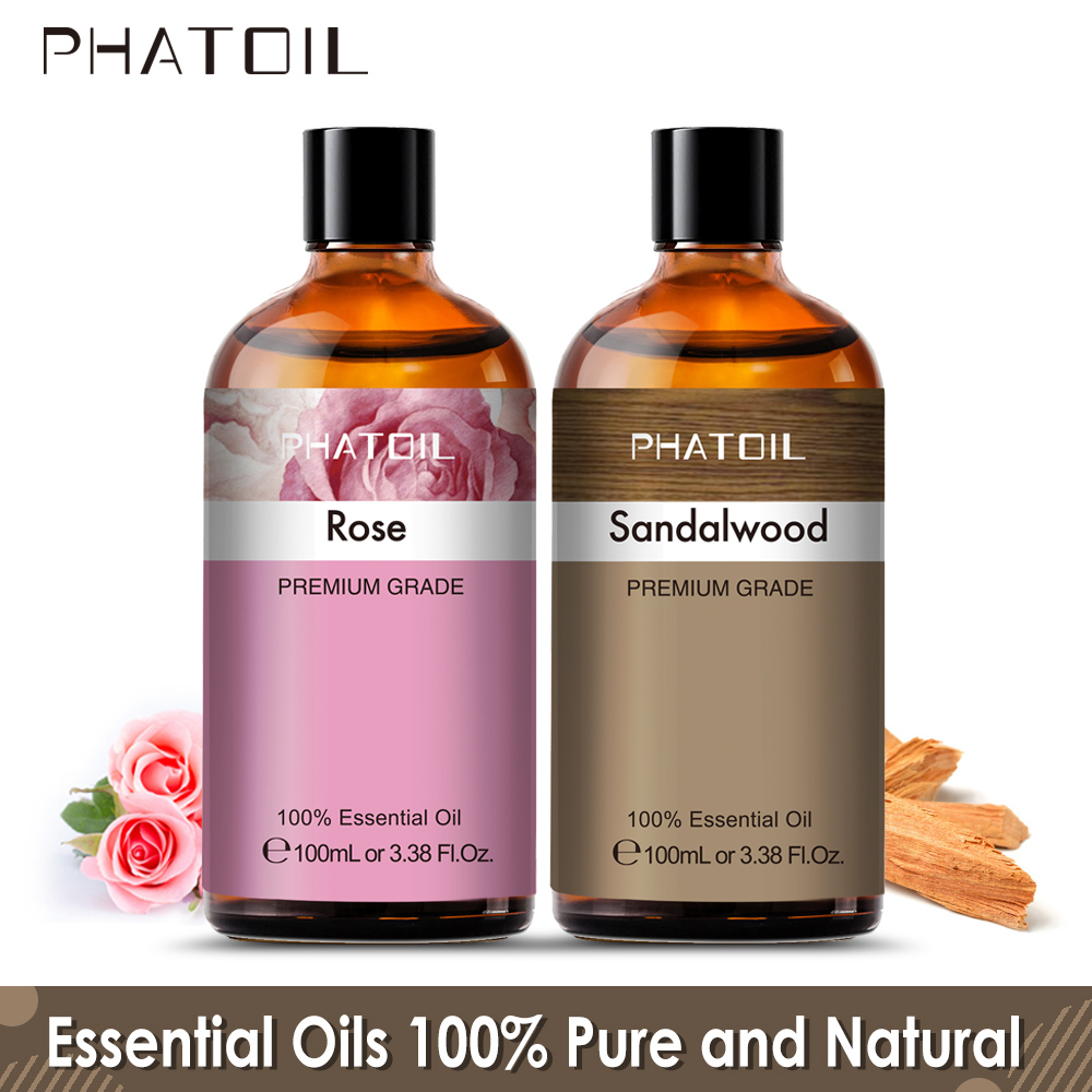 PHATOIL 100% Pure Rose Essential Oil and Sandalwood Essential Oil for Diffusers,Candle Making,Skin,Body,Air Purifier,2-Pack,100ML