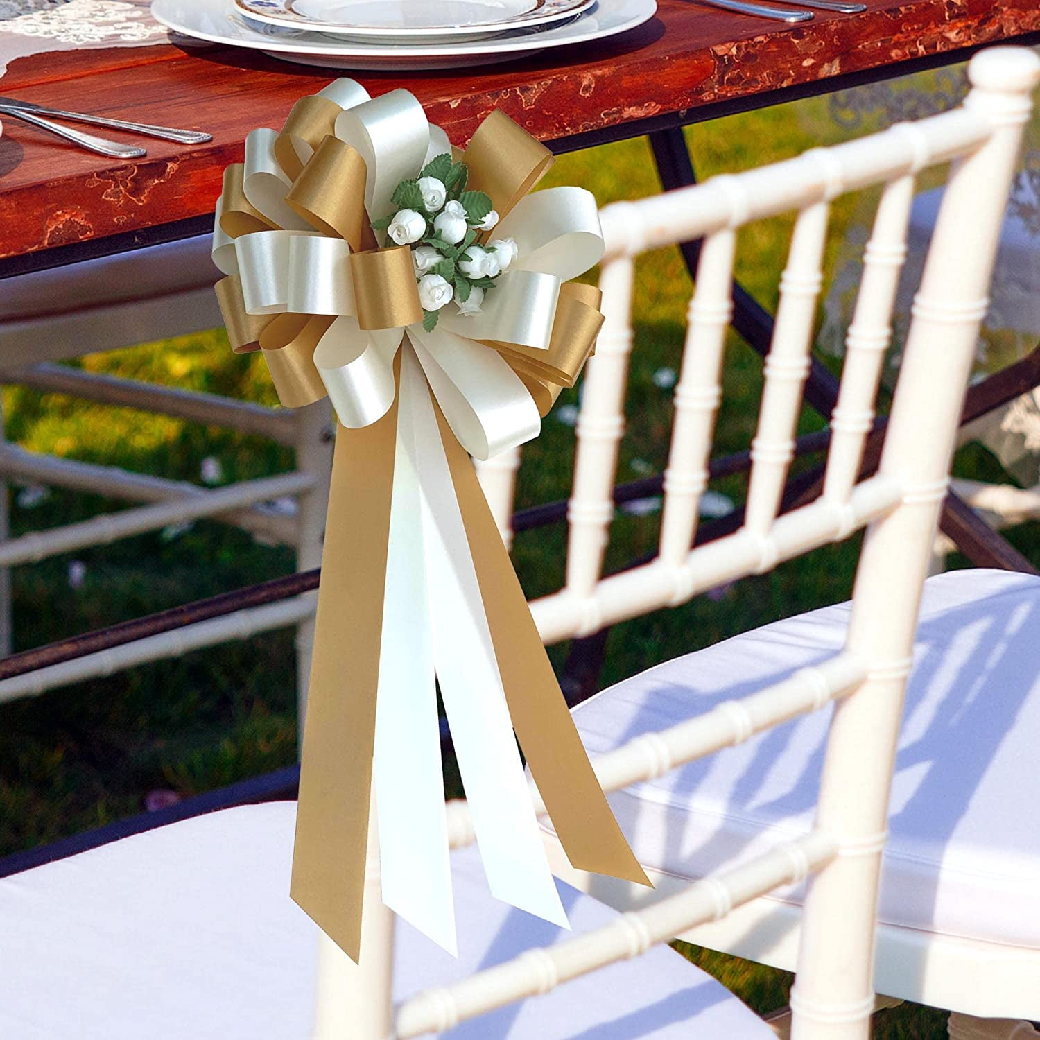 Ivory and Gold Wedding Pull Bows with Tulle Tails and Rosebuds - 8" Wide, Set of 6, Pew Bows, Christmas