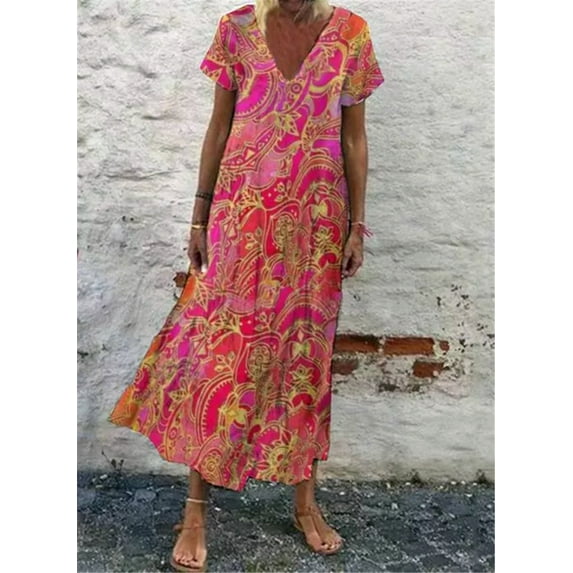 2021 Cross-Border Women's Clothing European And American New Printed Dress Popular V-Neck Short Sleeve Dress Loose Large Size