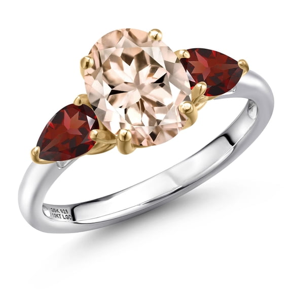 Gem Stone King 925 Silver and 10K Yellow Gold Peach Morganite and Red Garnet Engagement Ring for Women | 2.58 Cttw | Oval 9X7MM | Gemstone October Birthstone | Size 7