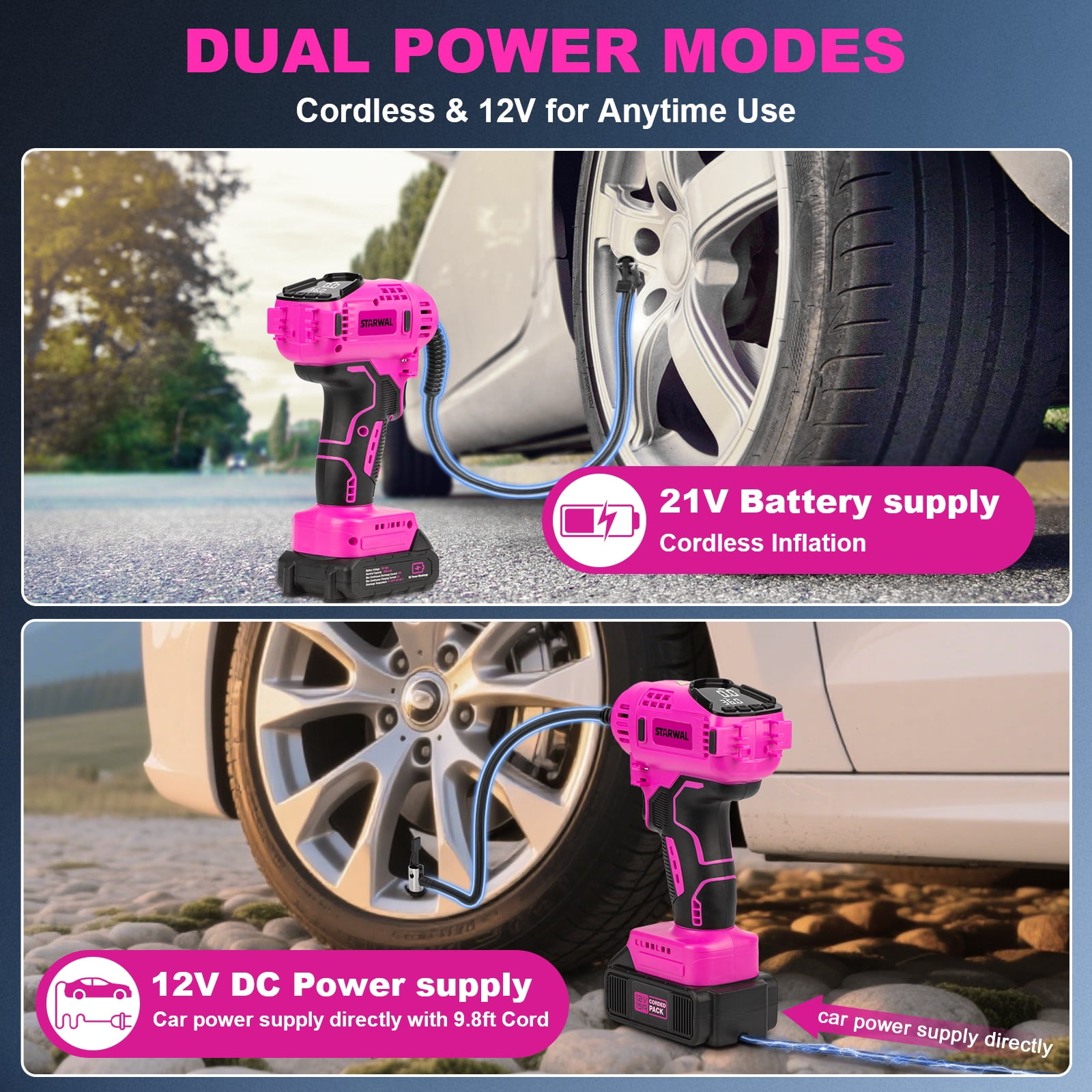 Starwal 20V Cordless Tire Inflator, Portable Air Compressor with Rechargeable Battery, 150 PSI Air Pump with 12V Car Adapter & Digital Gauge for Car, Motorcycle, Bike