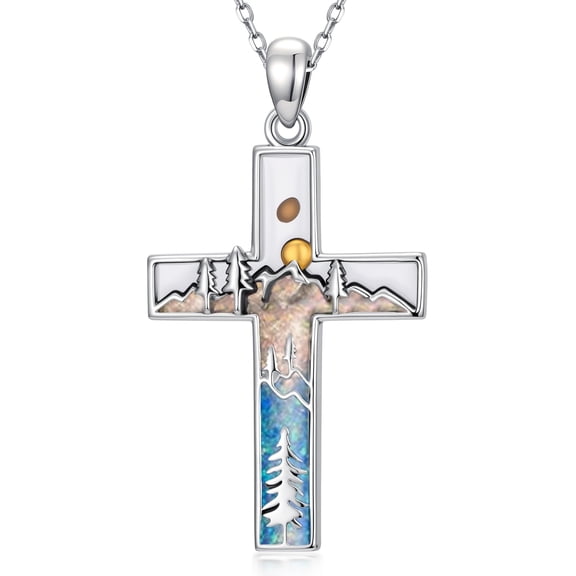 Coachuhhar Cross Necklace 925 Sterling Silver Opal Mountain Pendant Necklaces Mustard Seeds Jewelry Hiking Xmas Christmas Gifts for Women Mom Wife Birthday