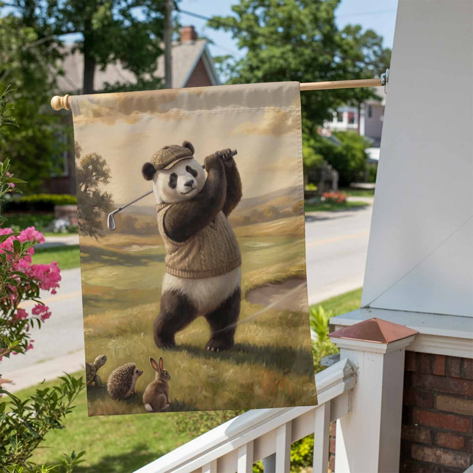 Cute Panda House Flag 28 x 40 Inches, Watercolor Pastoral Scenery Funny Hedgehog Rabbit Golf Weather Proof Outdoor Patio Flags Double Sided Small House Decoration for Yard Lawn Outside Home
