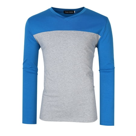 Men's Two Tone Slim Fit Long Sleeve Shirts V-Neck Basic Tee T-Shirt Top blue (Best Way To Get Fit And Toned)