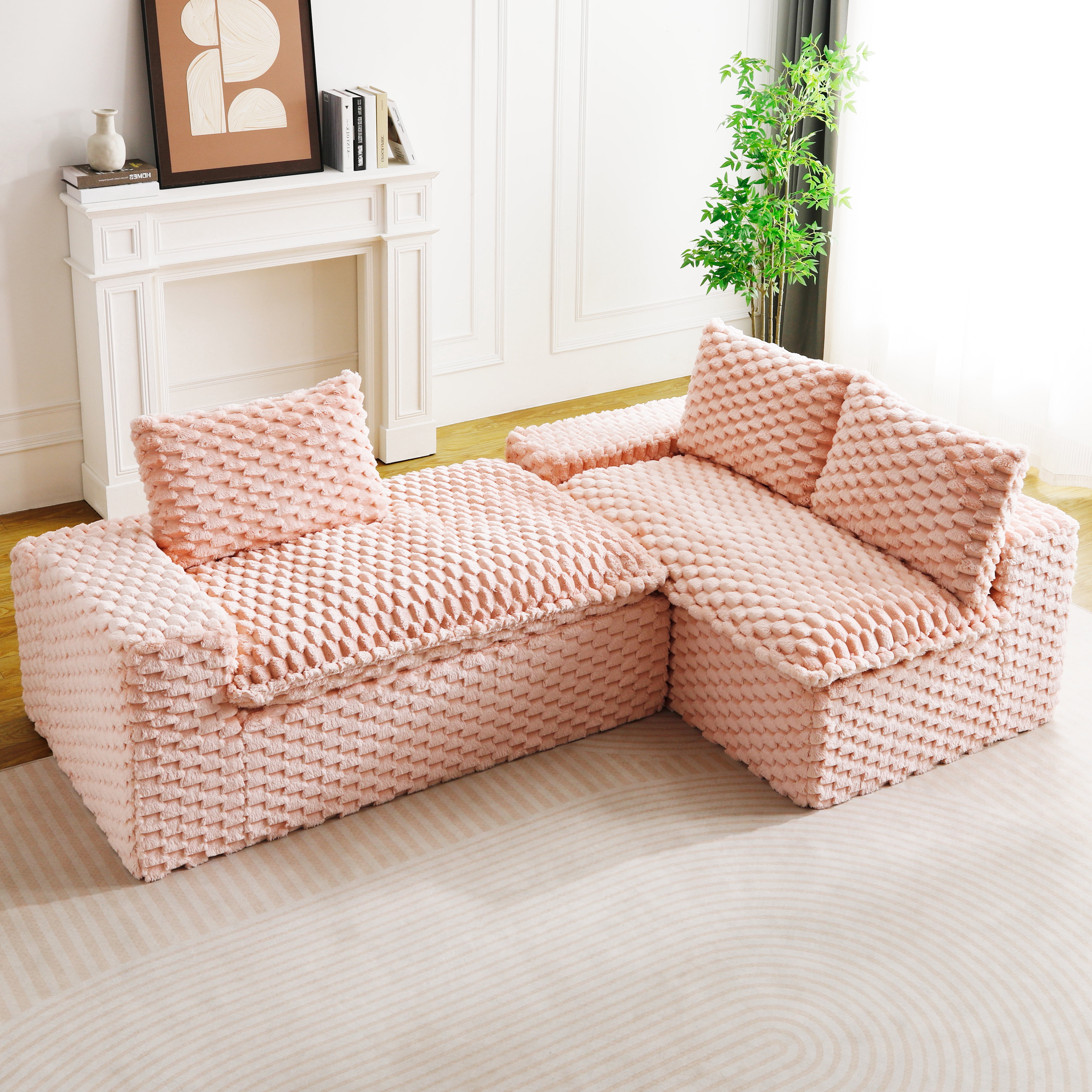 HOQBN 96"W Modular Sectional Sofa,L Shape Modern Corduroy Cloud Couch,Upholstered Deep Seat Boneless Sofa Couch with Right Chaise Lounge for Living Rooms,No Assembly Required,Pink