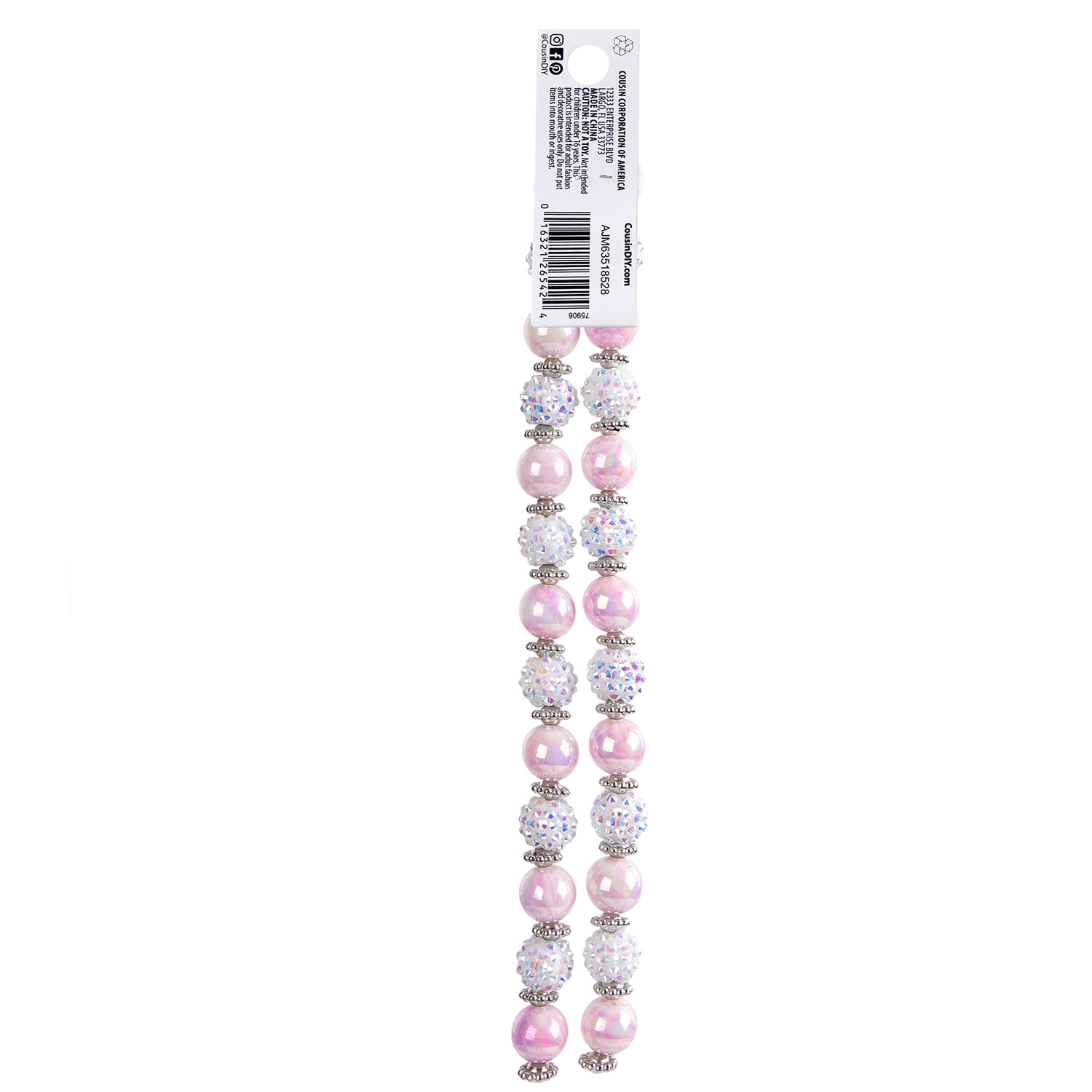 Cousin DIY White AB and Pink Acrylic Shamballa Bead Strand, 54 Pieces, Unisex