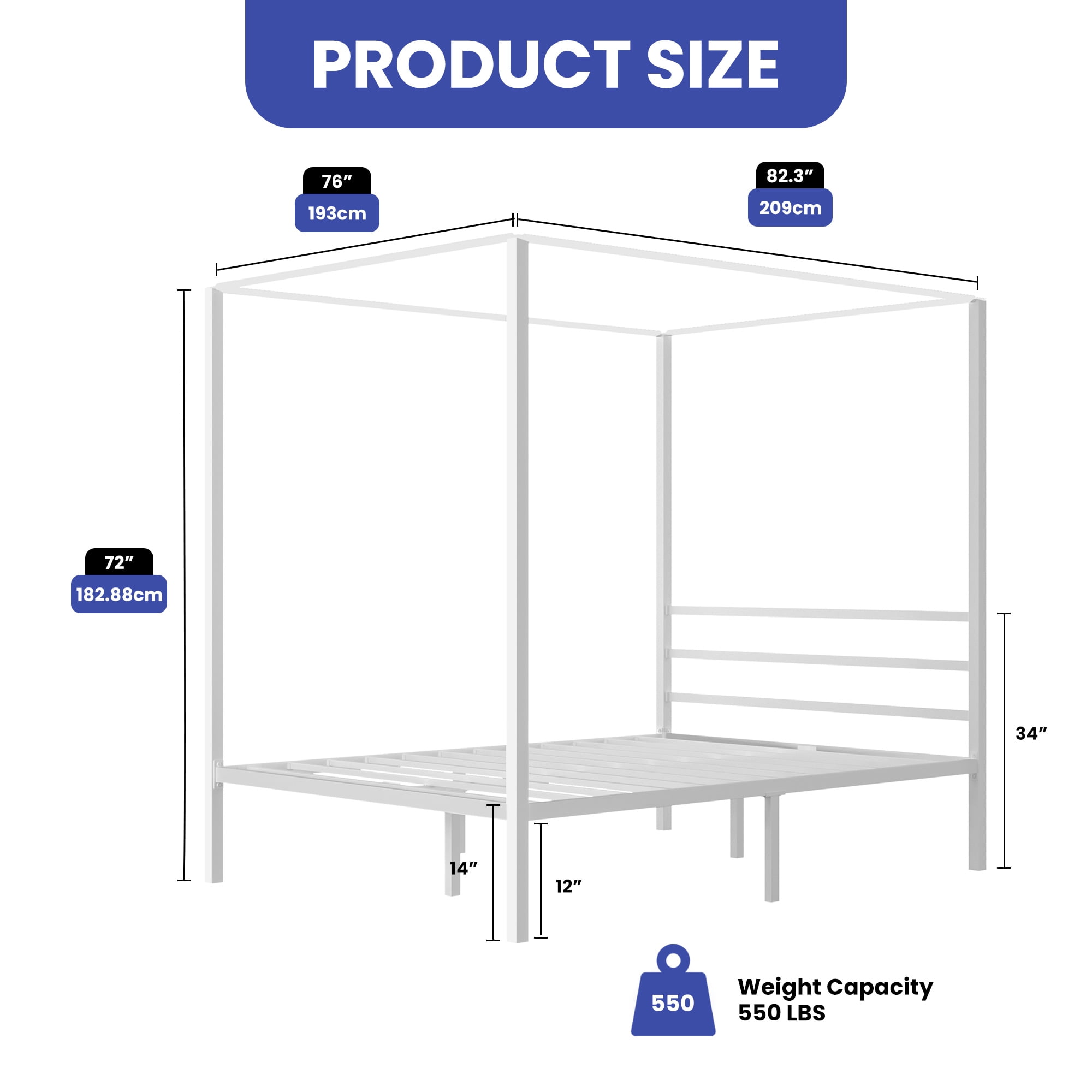 ModFusion – King Size 14 Inch Canopy Bed Frame , Build in Headboard and Strong Metal Slat and No Box Spring Required , White