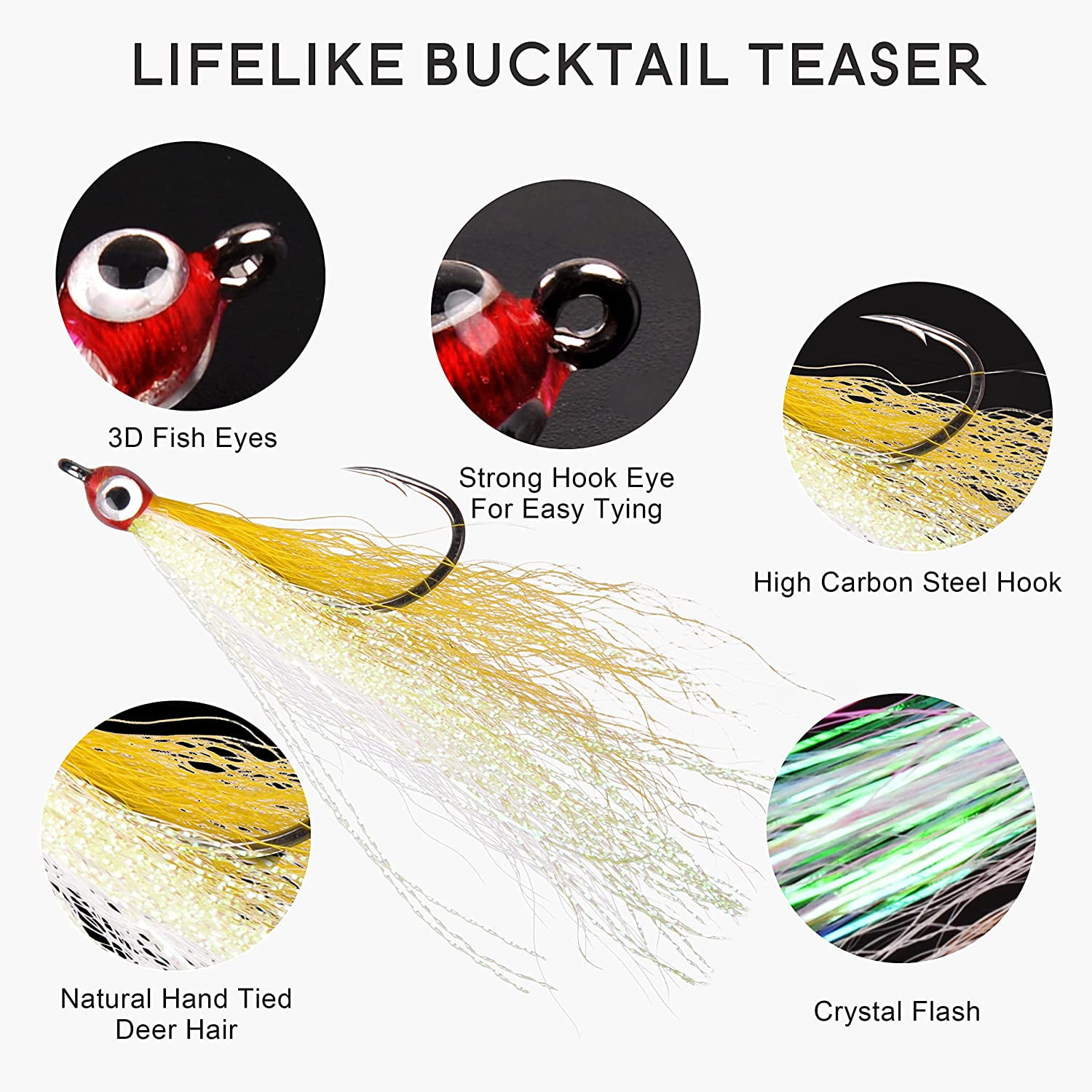 Bucktail Teaser Fishing Hooks With Crystal Flash Feather - Saltwater Jig Hooks For Flounder, Cod, Striped Bass (10 Pack, Green & Yellow) - View #4