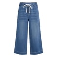 thumbnail image 6 of VNKIDY Womens Solid Color High Waisted Wide Leg Cropped Jeans Drawstring Elastic Waist Frayed Hem Casual Denim Pants With Pockets For Daily Wear Blue XXL, 6 of 6