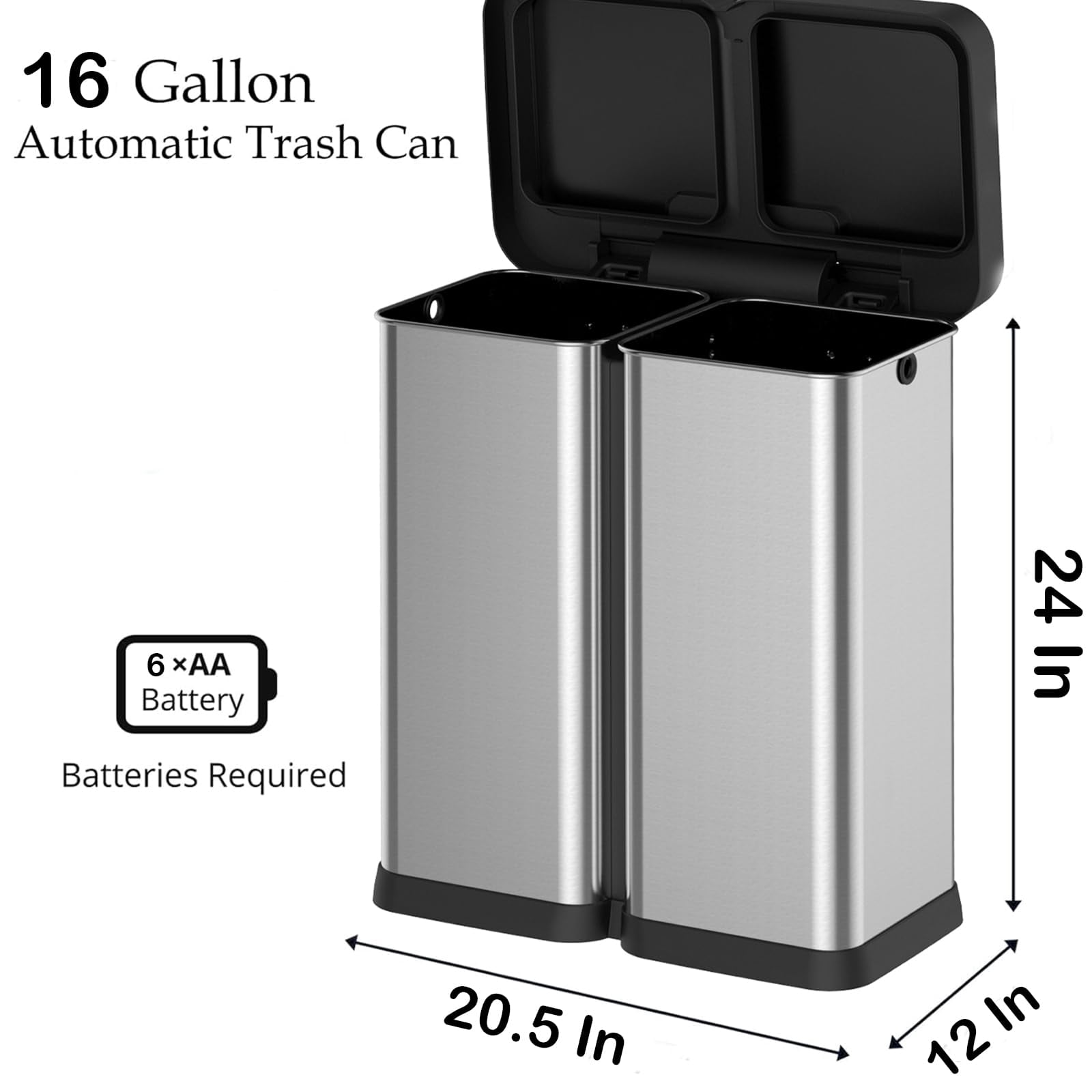 16 Gallon Automatic Motion Sensor Trash Can,Dual Compartment Stainless Steel Garbage Can,2-in-1 Recycling & Waste Bin with Hands-Free Lid for Kitchen,Living Room,Office