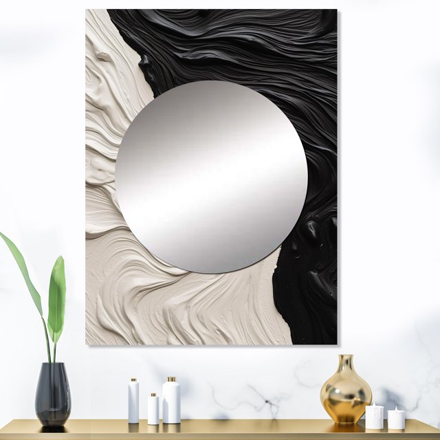 Designart "Marbled Dreamscape Black and White II" Modern Geometric Mirror Wall Decor - Modern Black Abstract Large Mirror For Wall Art Decor - 40" x 30" Inch