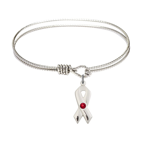 6 1/4 inch Oval Eye Hook Bangle Bracelet w/ Cancer Awareness medal charm w/ July Red Swarovski Crystal