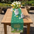 thumbnail image 5 of Happy Easter Table Runner, Easter Rabbits Eggs Floral Grass Green Background Cotton Linen Kitchen Table Decoration Washable Dining Tabletop Runners for Home Party Decor 13x36 Inches, 5 of 9
