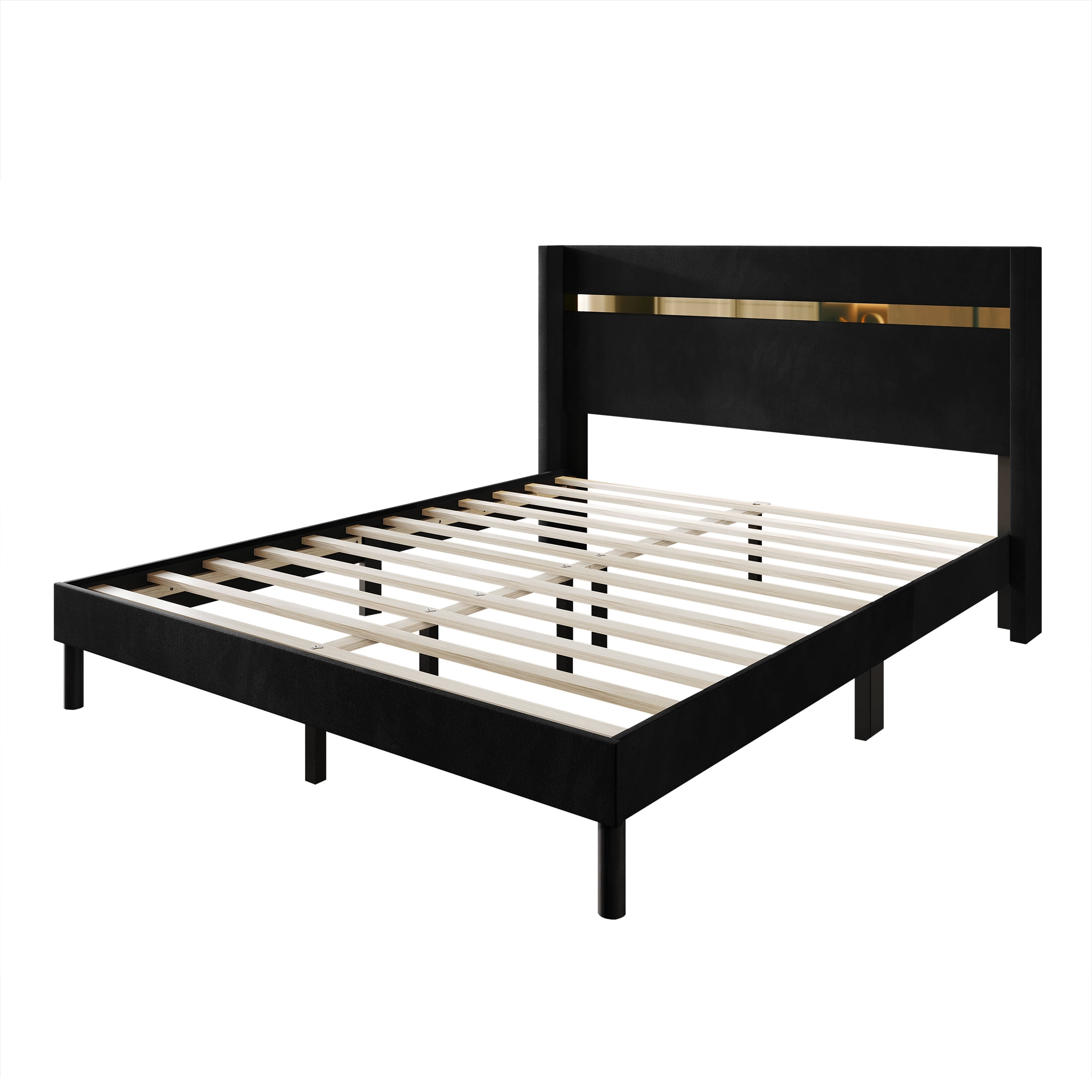 Castle Place Luxury Glam Velvet Wingback Queen Platform Bed with Gold Acrylic Accents, Black