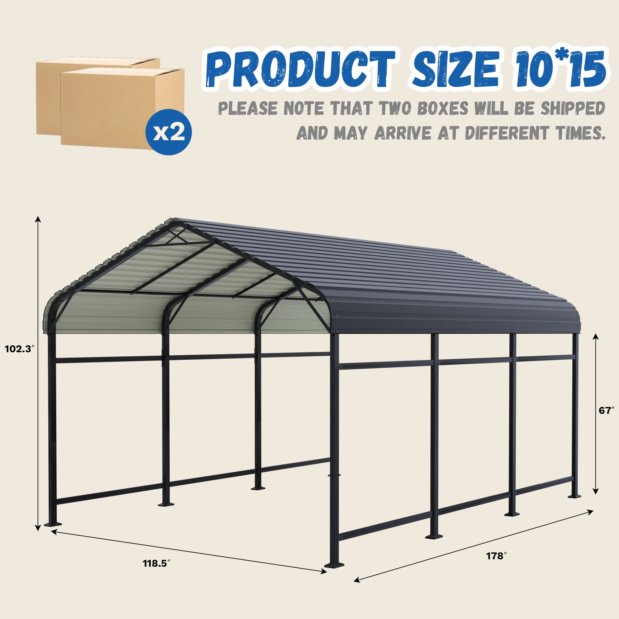 Patiowell 10'x15' Outdoor metal Carport, Heavy-Duty Steel Structure with Enhanced Base, All-Weather Shelter for Cars, Trucks, Boats, Tractors & Outdoor Use