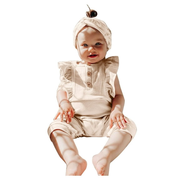 Odeerbi Infant Romper Baby Boys Girls Clothes Infant Sleeveless Solid Romper Ruffles Jumpsuit with Headbands Beige