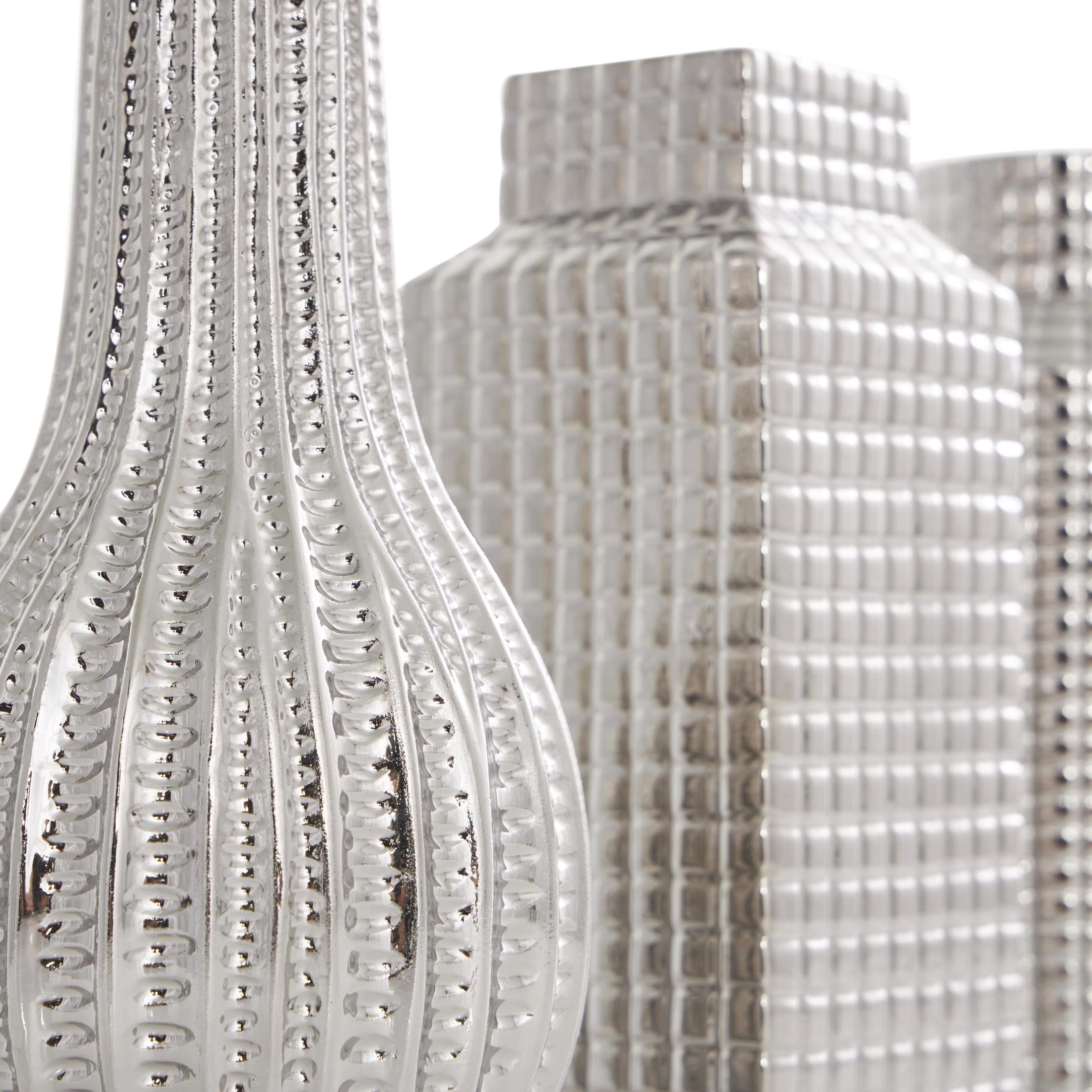DecMode 3"W, 8"H Geometric Dimensional Textured Silver Ceramic Vase with Varying Shapes and Grid Patterns, Set of 3