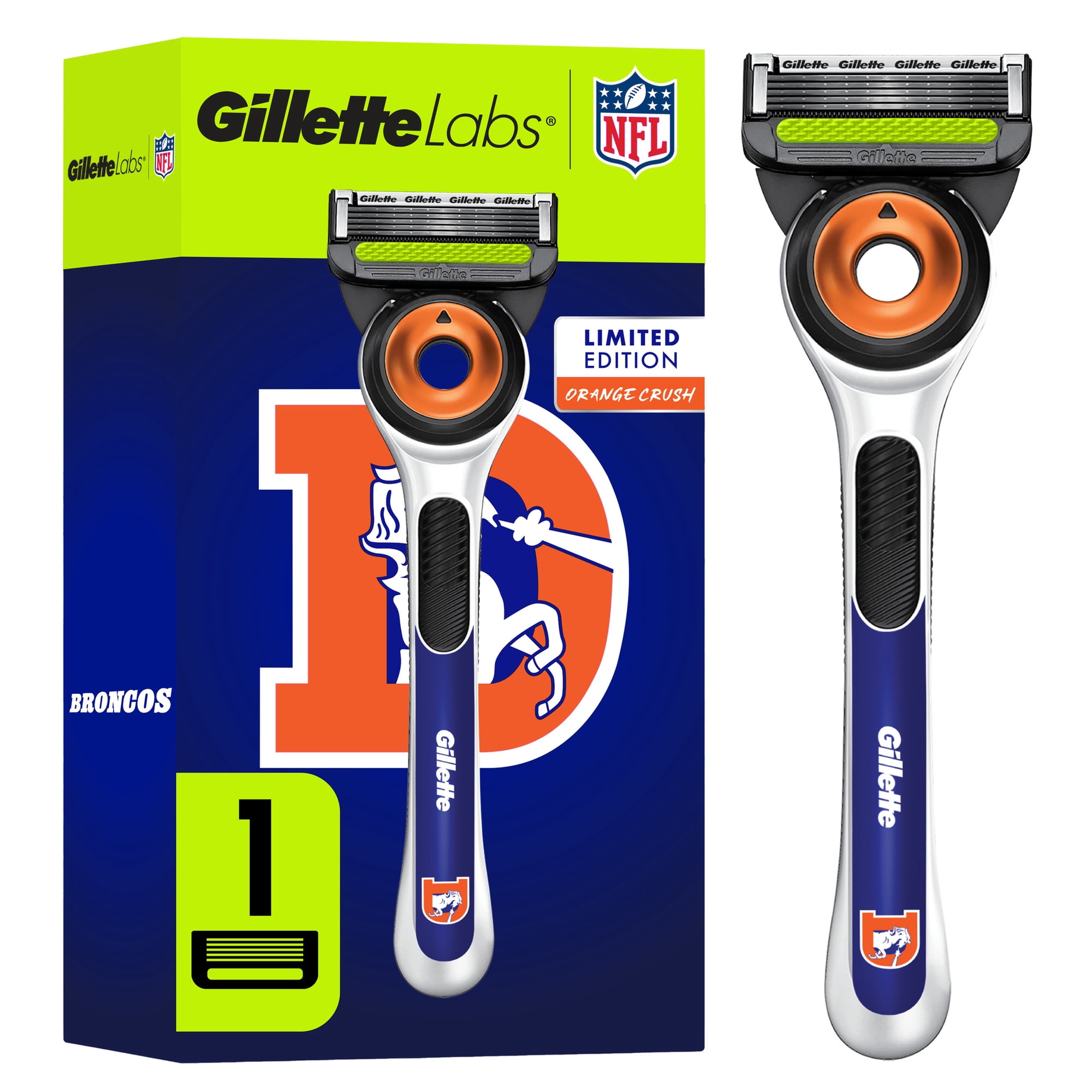 Gillette Labs Official Broncos Licensed Razor for Men, Perfect for Game Day Grooming, Gillette Labs with Exfoliating Bar, 1 Handle, 1 Blade Refill